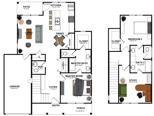 two bedroom floor plans with two living areas and two bathrooms at The parcHAUS at Celina Parkway