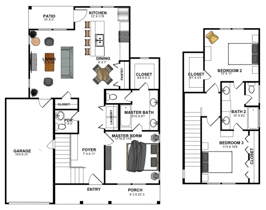 two bedroom floor plans with two living areas and two bathrooms at The parcHAUS at Celina Parkway